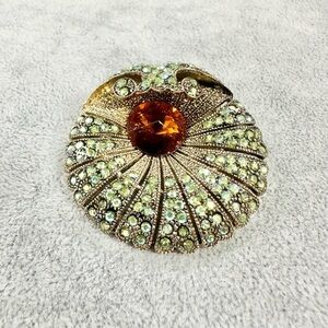 Vtg ROMA Aurora Borealis Purple Rhinestones Shell Brooch Pin Pendant Iridescent